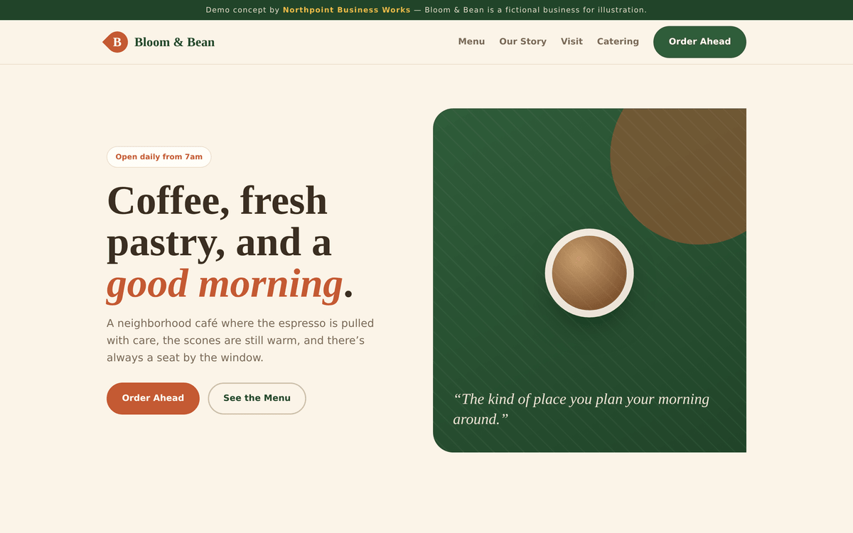 Bloom & Bean demo site — editorial caf&eacute; design